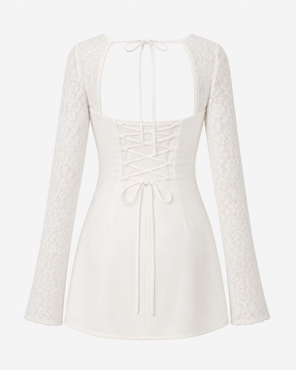 An off-white long-sleeve lace top with a square neckline, lace-up back, and tie-front detail, shown against a light gray background.