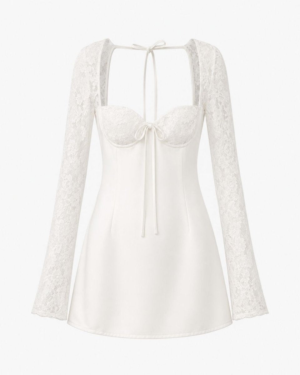 An off-white long-sleeve nightgown featuring a satin-like body, lace sleeves, and a halter-style neckline with a front tie, shown against a plain white background.