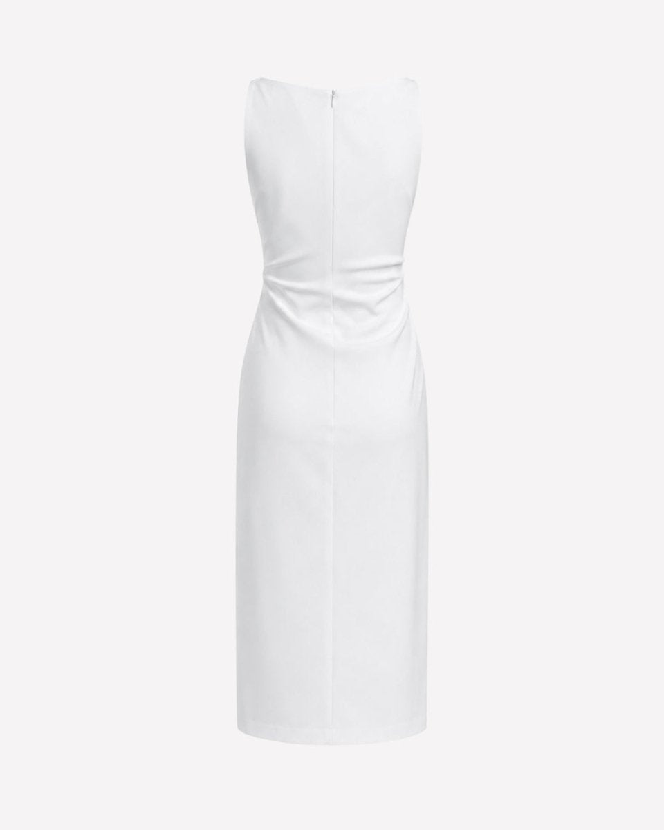 A sleeveless white midi dress with a structured, slightly draped bodice and a straight skirt, shown from the back on a light gray background.