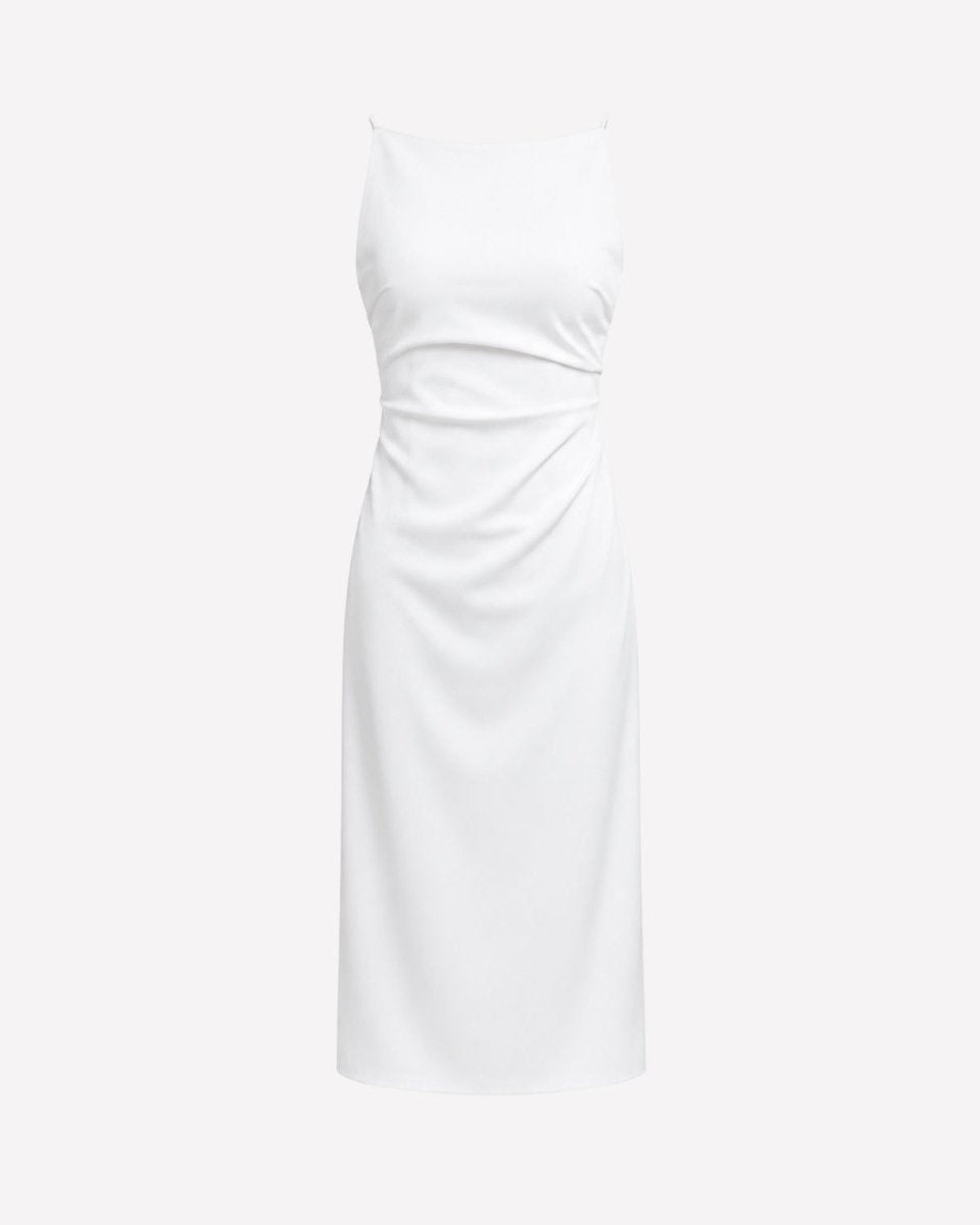 A white sleeveless midi dress with a gathered ruched waist, shown against a solid light gray background.