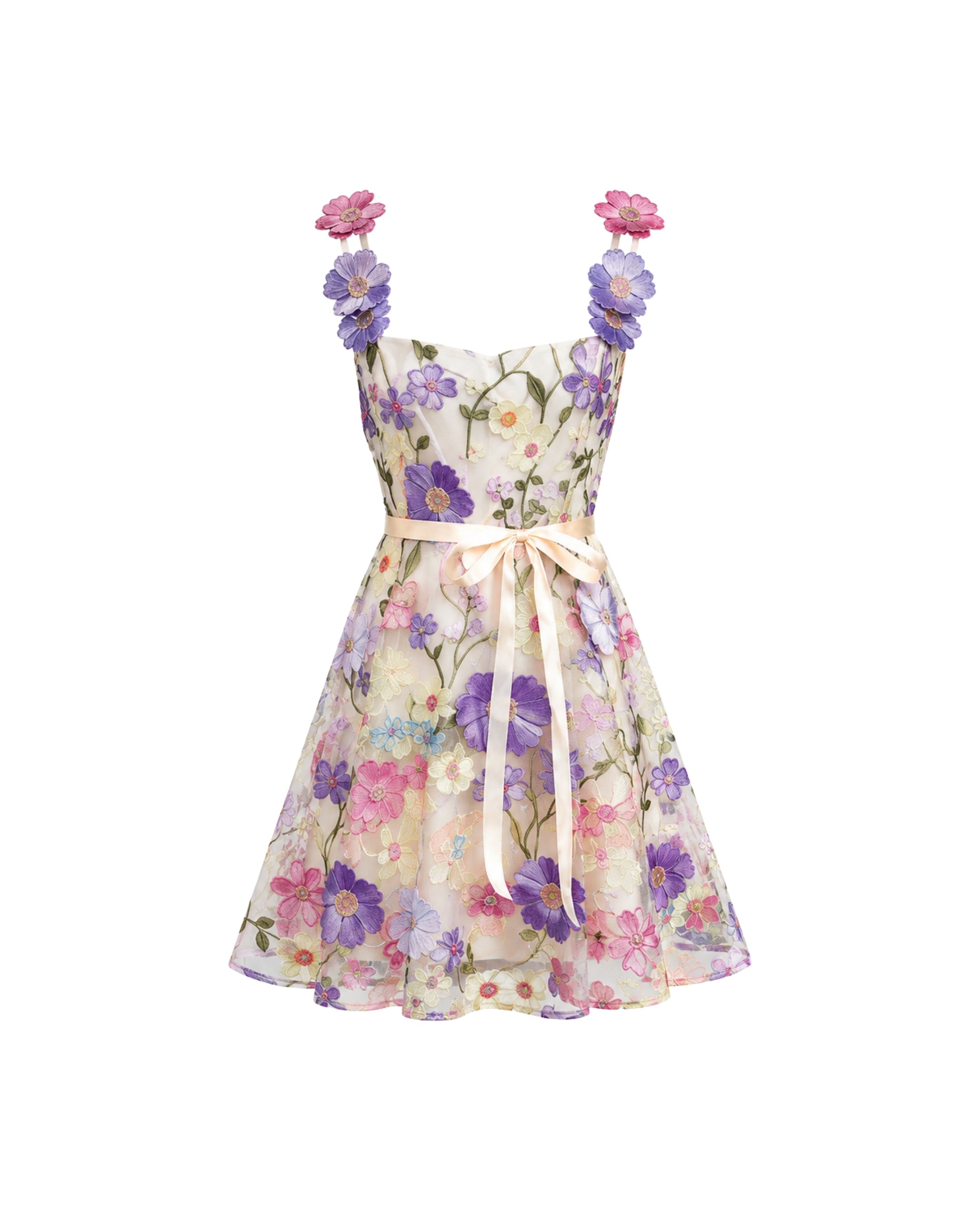 A sleeveless floral dress with a sweetheart neckline, featuring pink and purple flower embellishments on the shoulders, a matching waist tie, and a flared skirt with an all-over watercolor floral print on a cream background.