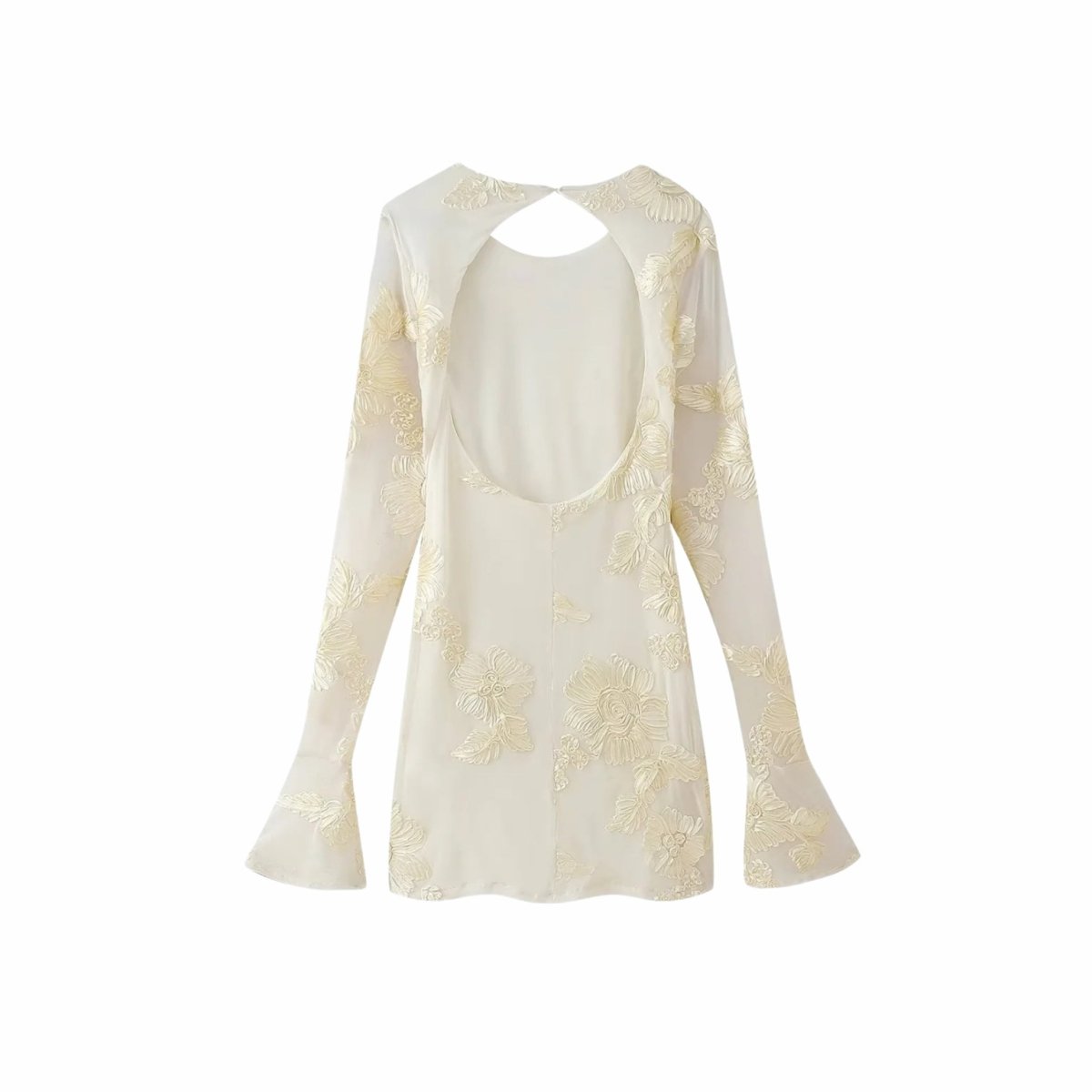 Flat lay back view of open back long sleeve party dress by Fenlo Form