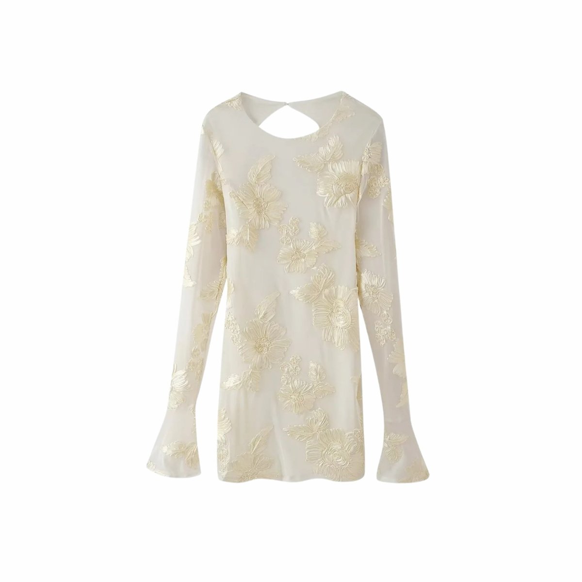 Flat lay front view of white floral applique mesh mini dress by Fenlo Form