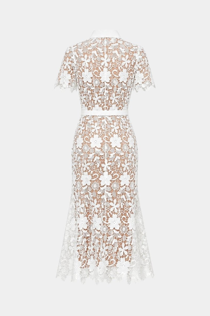 Flat lay back view of the white floral lace midi dress highlighting the intricate daisy lace pattern and full nude lining.