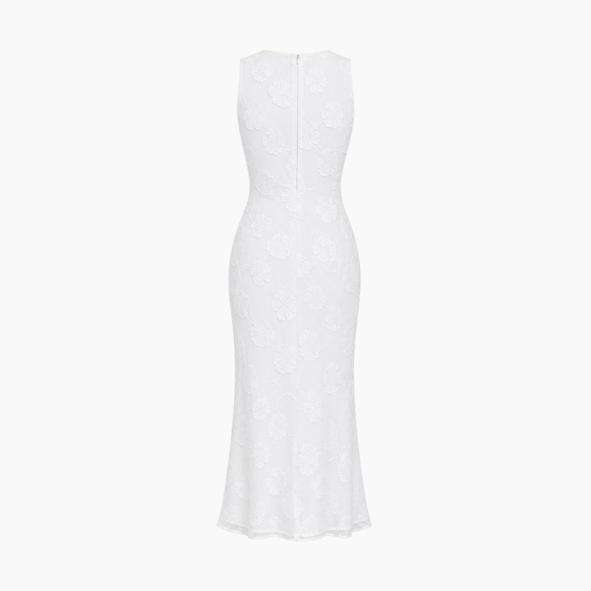 Flat lay front view of white floral textured high neck maxi dress