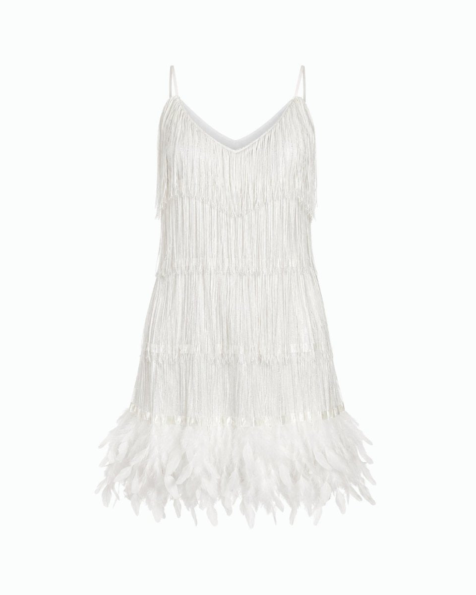 A white 1920s-style flapper dress with spaghetti straps, dense fringe, and a feathered hem, shown against a plain white background.