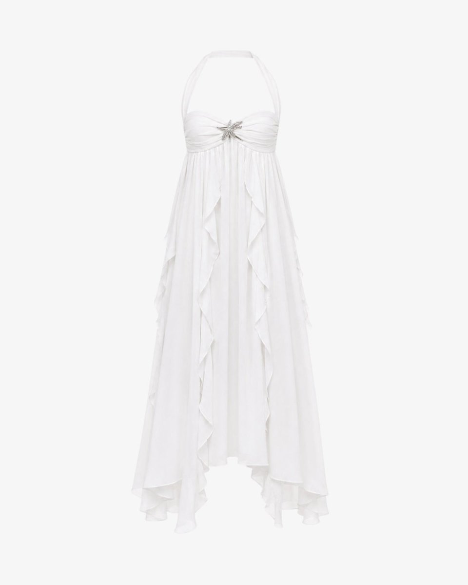 A white halter-neck midi dress with a sweetheart neckline, a decorative silver star embellishment at the center bust, and cascading ruffle details down the front, shown against a plain white background.