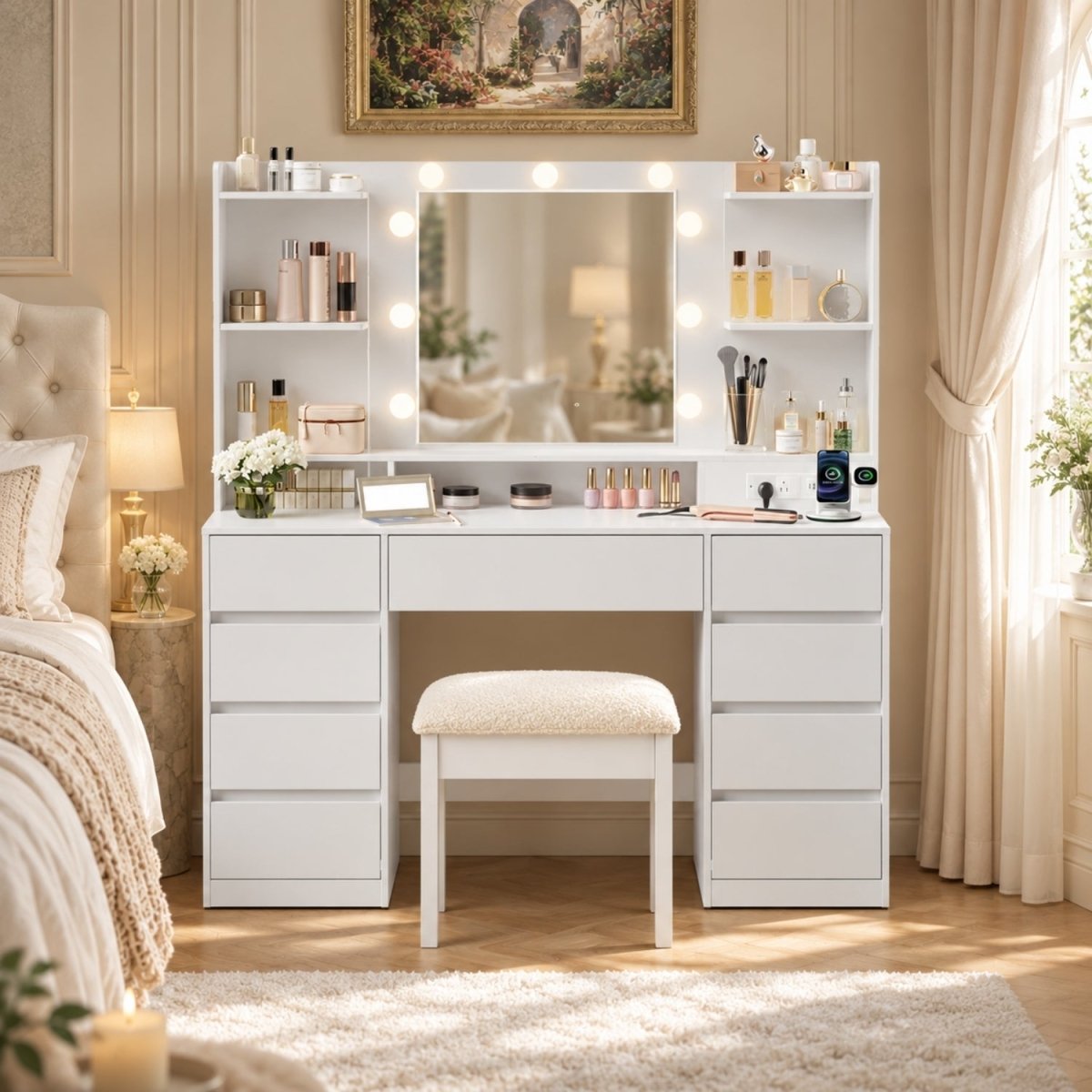 White vanity desk with an integrated lighted mirror, open shelving, drawers, and a matching stool in a softly styled bedroom setting.