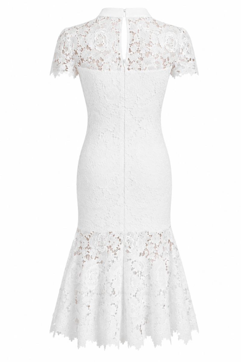 Studio flat lay image of the back of the white lace midi dress highlighting the solid collar and sheer yoke.