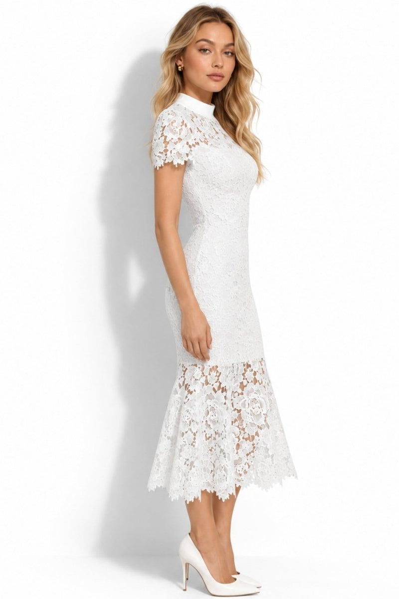 Side profile of white sheer lace short sleeve midi dress on beautiful blonde female model.