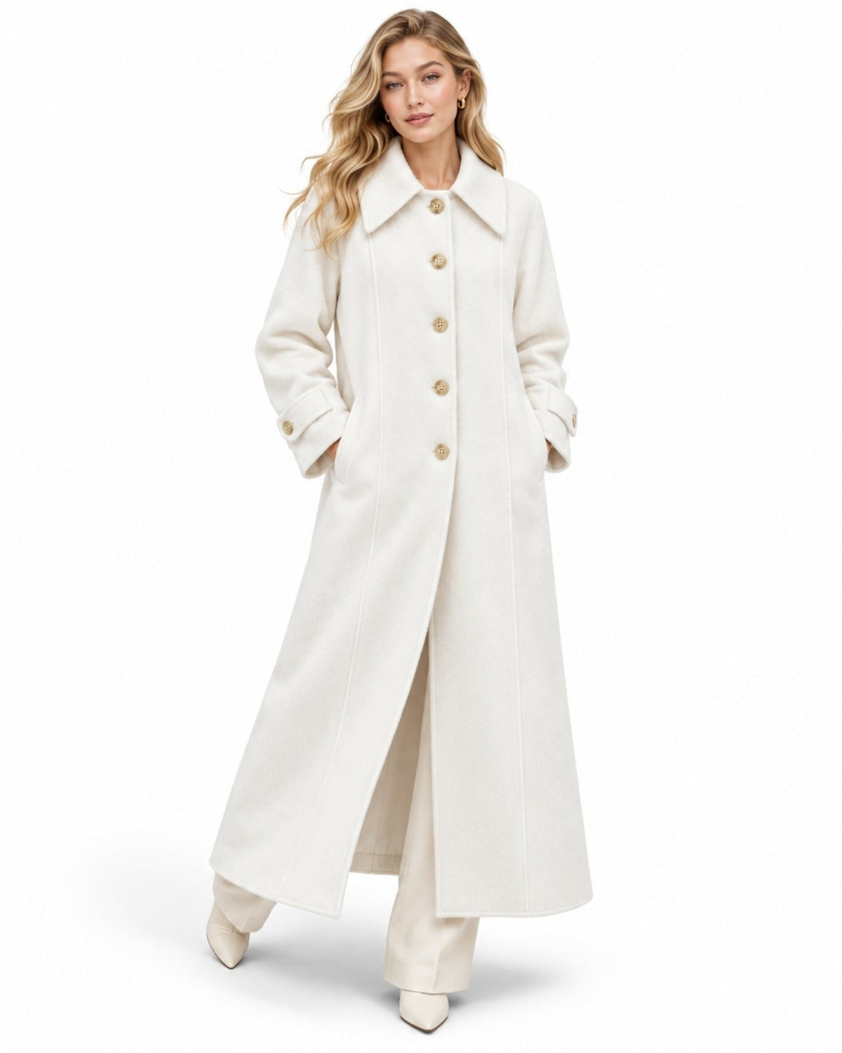 Elegant woman wearing the luxury long wool maxi coat in winter white, front view, featuring a structured collar and single-breasted tailored fit.