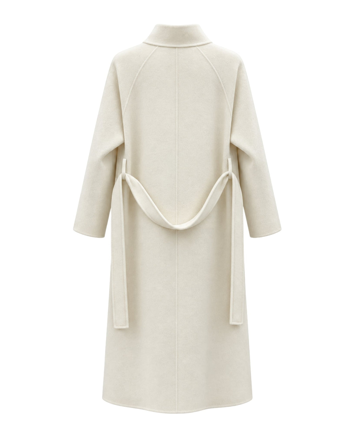 A long cream-colored wool coat with a mock neck, raglan sleeves, and a unique wrap-around waist tie detail, shown from the back on a plain white background.