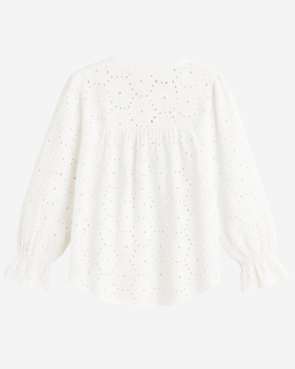 Flat lay showing the back of a white eyelet top, detailing the delicate embroidery and gathering below the collar.