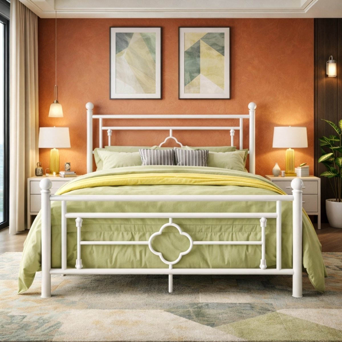 Queen size white vintage metal bed frame by Fenlo Form styled in a bright, modern bohemian bedroom with a terracotta accent wall and light green bedding.