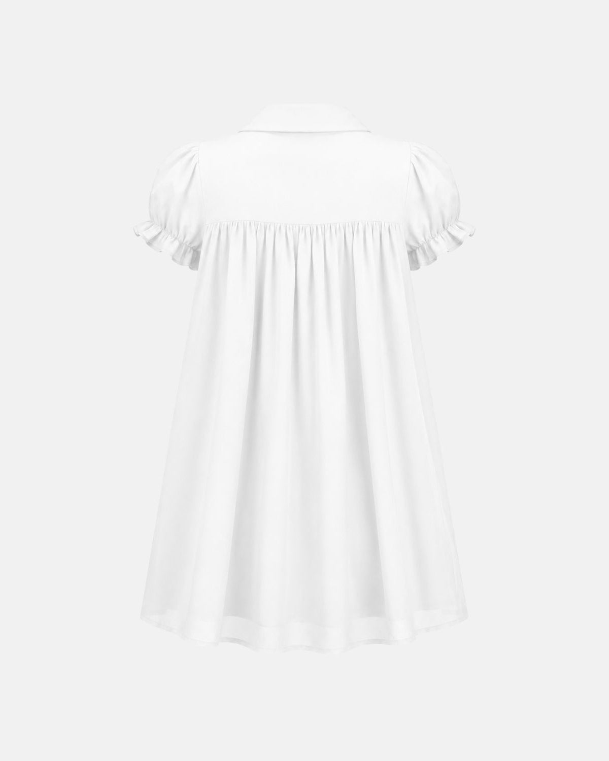 A white short-sleeve blouse shown from the back, featuring a pointed collar, smocked upper back, and ruffled sleeves, set against a solid light gray background.