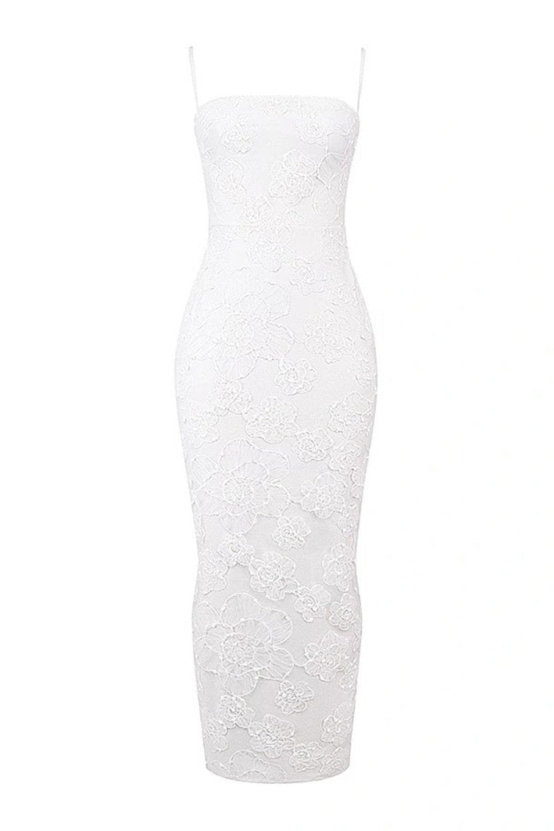 A white strapless midi dress with a fitted silhouette and floral lace overlay, shown against a plain white background.