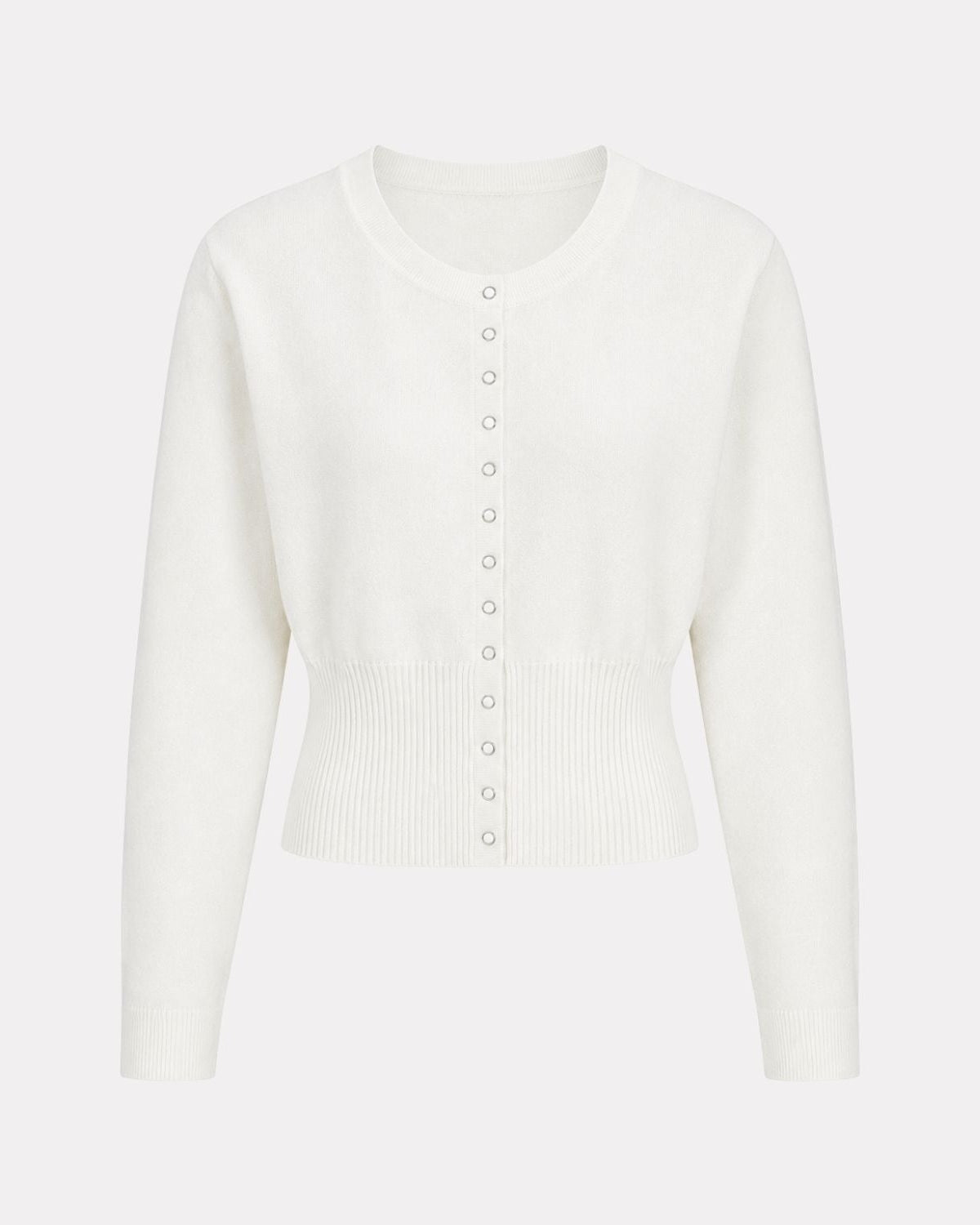 An off-white long-sleeve cropped cardigan sweater with a button-up front, ribbed hem, and crew neck, shown against a light gray background.