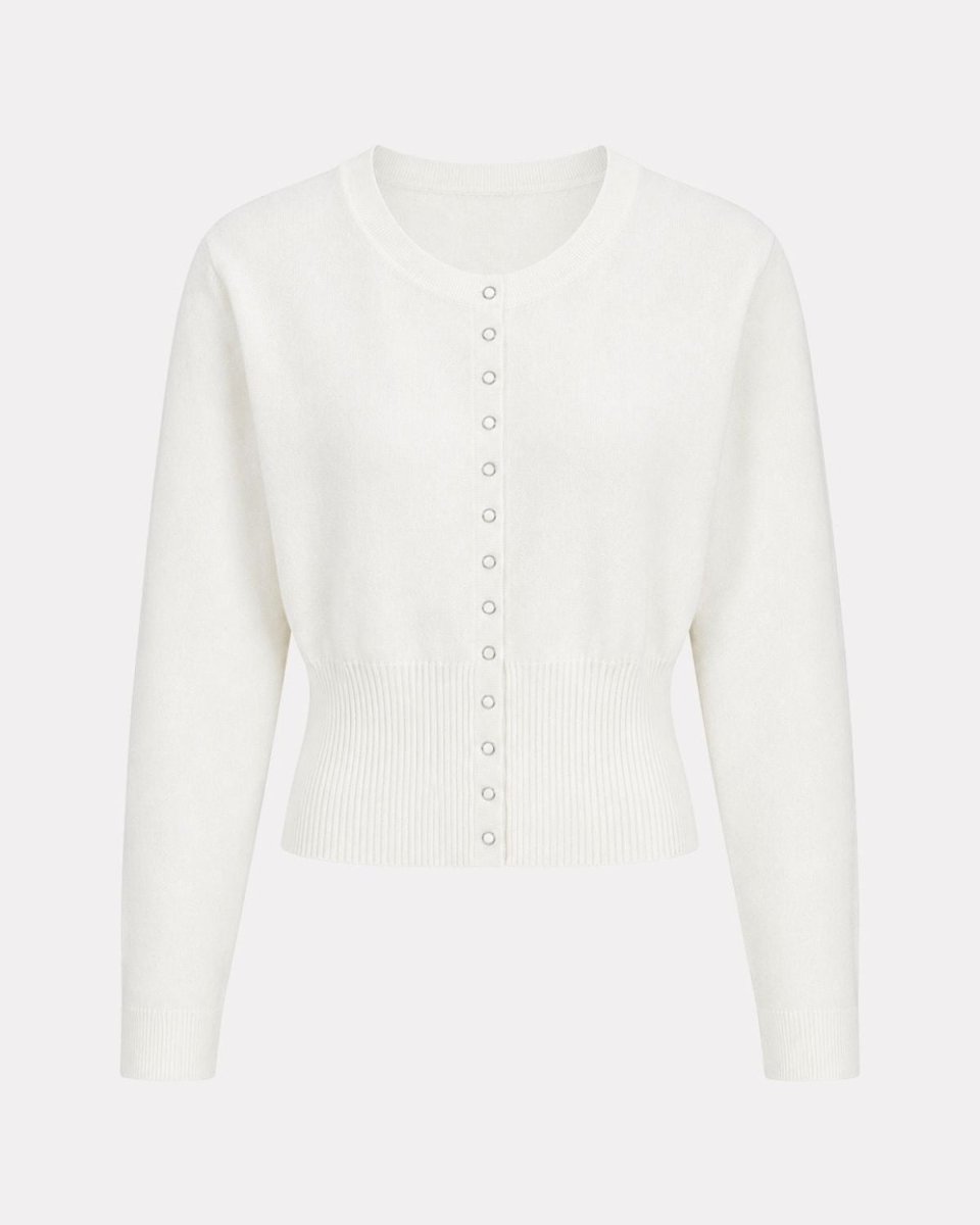An off-white long-sleeve cropped cardigan sweater with a button-up front, ribbed hem, and crew neck, shown against a light gray background.