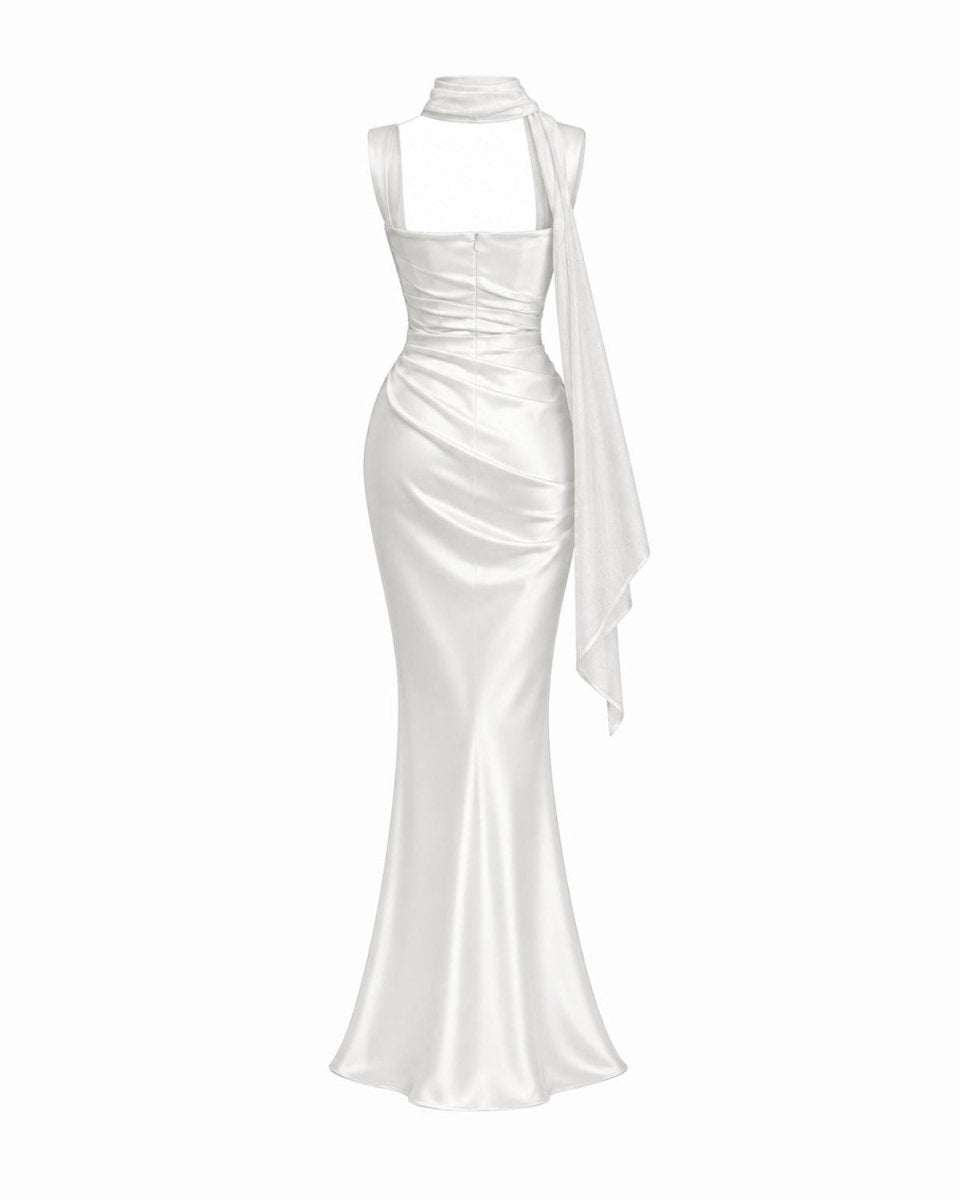 A white satin halter-neck evening gown with a ruched bodice, draped side detail, and a flared mermaid-style skirt, shown on a plain white background.