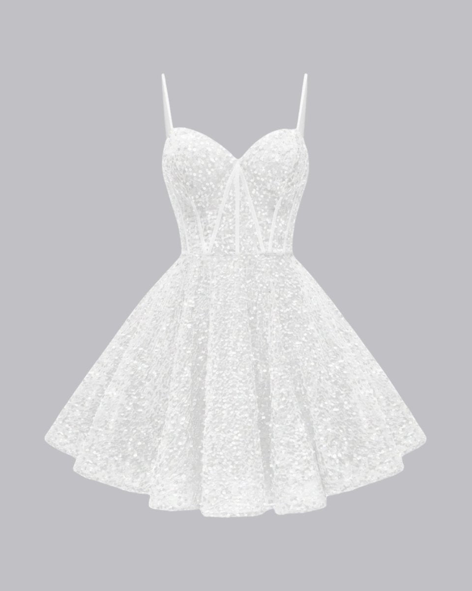 Ghost mannequin front view of luxury white sequin sweetheart corset mini dress
