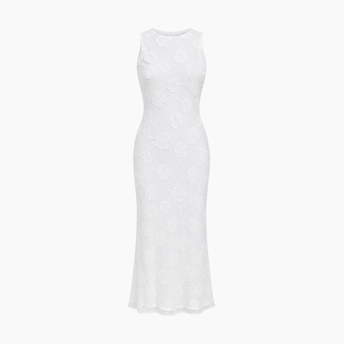 Flat lay back view of white sleeveless trumpet silhouette evening dress
