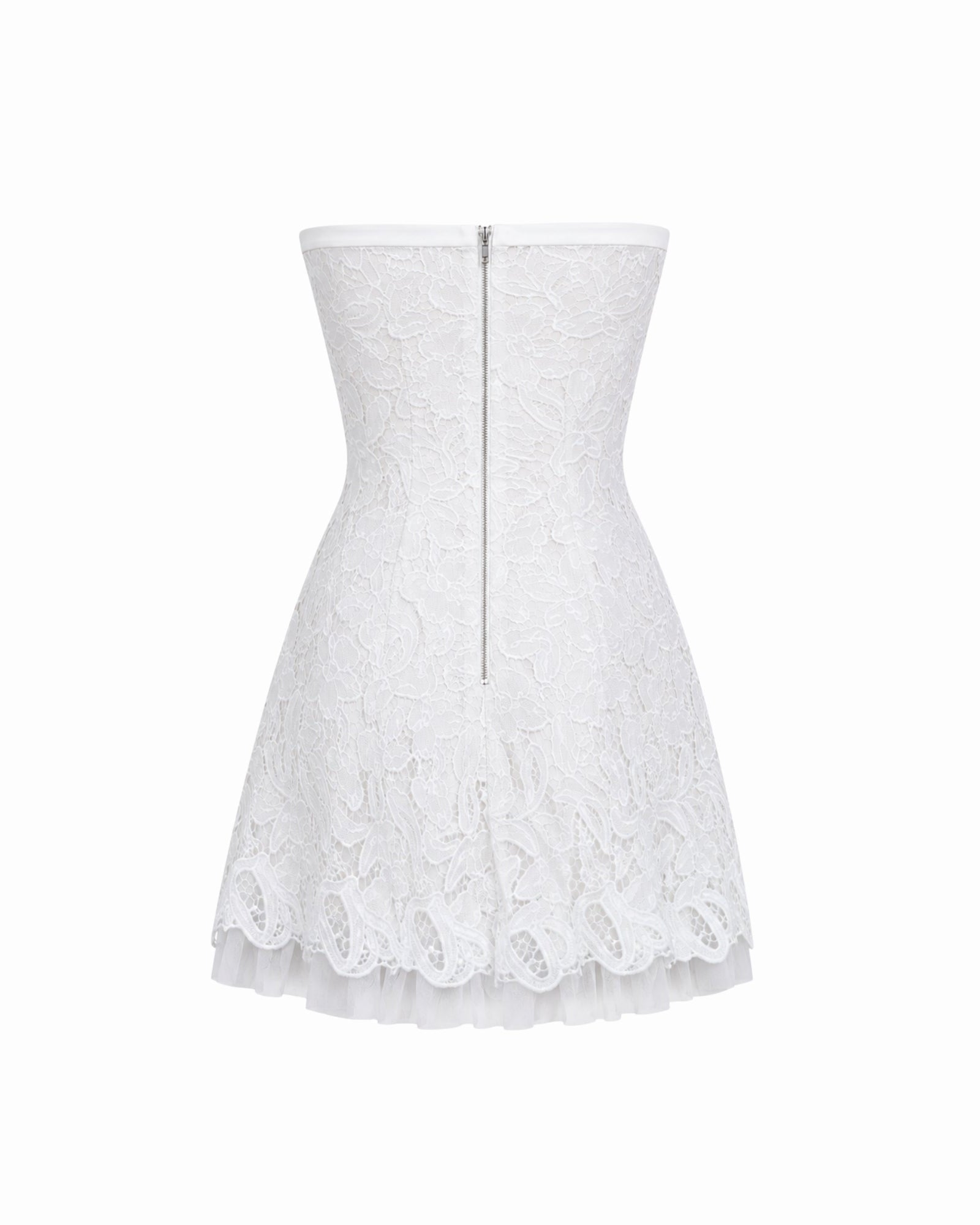 Ghost mannequin back view of white strapless lace short dress displaying premium lace texture, tulle underlay, and zip closure.