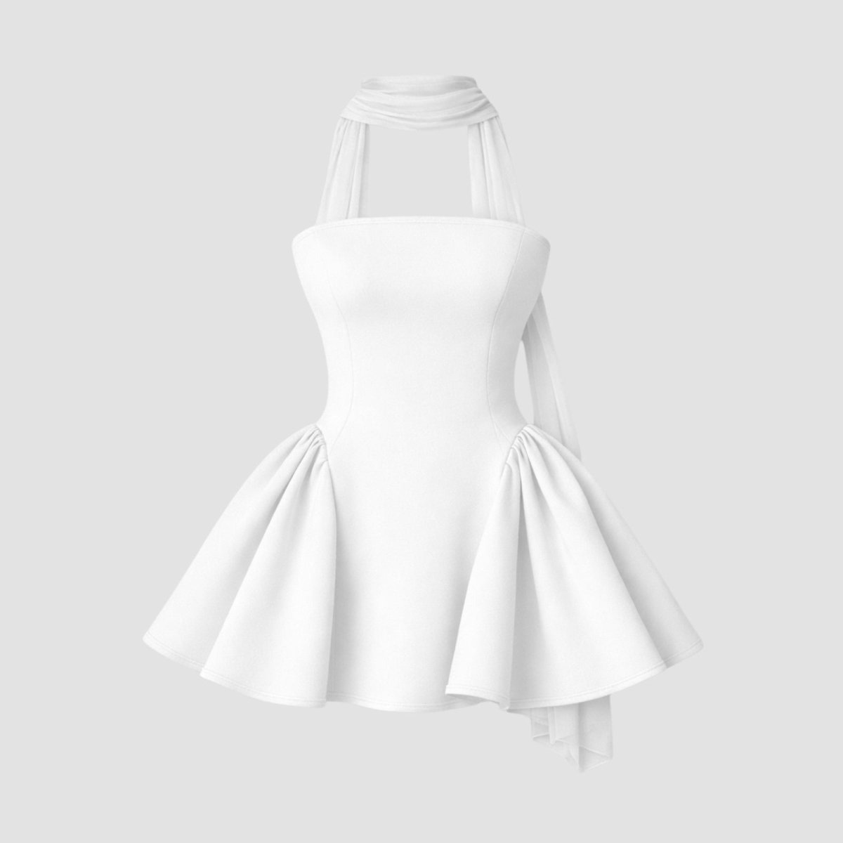 Product-only photo of the Kouvr Fashion white strapless cocktail dress with attached halter scarf against a grey background.