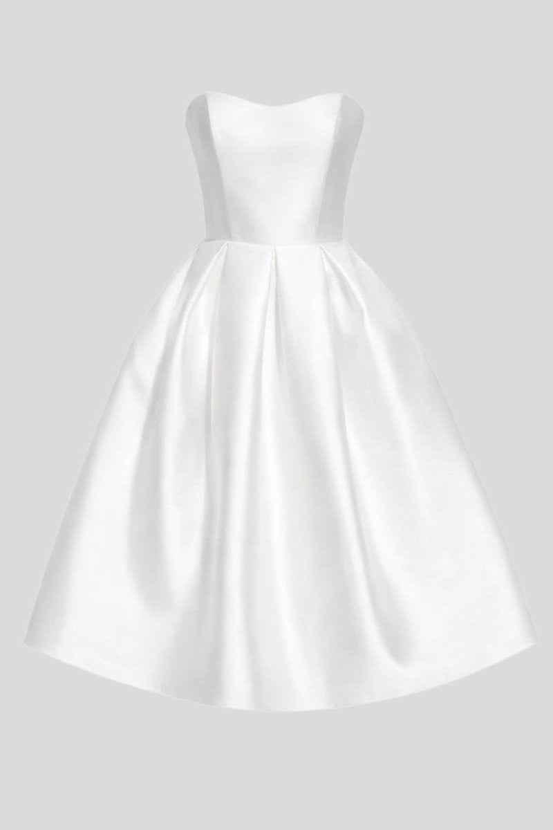 Front view of white strapless satin pleated midi dress on invisible mannequin.