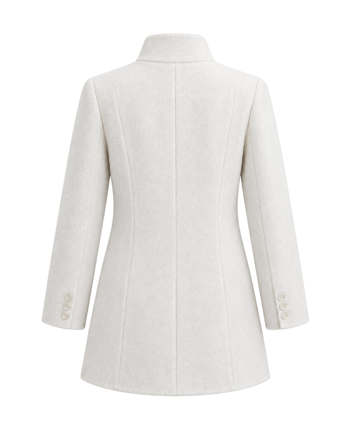 A light cream-colored wool coat with a high mock neck collar, shown from the back. The coat features structured shoulders, a central seam, and three decorative buttons on each sleeve cuff, all set against a solid white background.