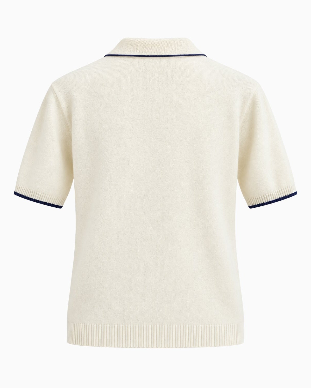 A cream-colored short-sleeve knit polo shirt shown from the back, featuring thin navy blue piping along the collar and sleeve cuffs.
