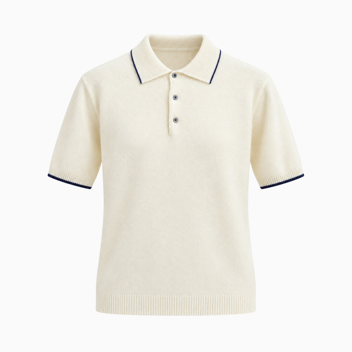 An off-white short-sleeve knit polo shirt with navy blue contrast trim on the collar and sleeve cuffs, featuring a three-button placket, shown against a plain white background.