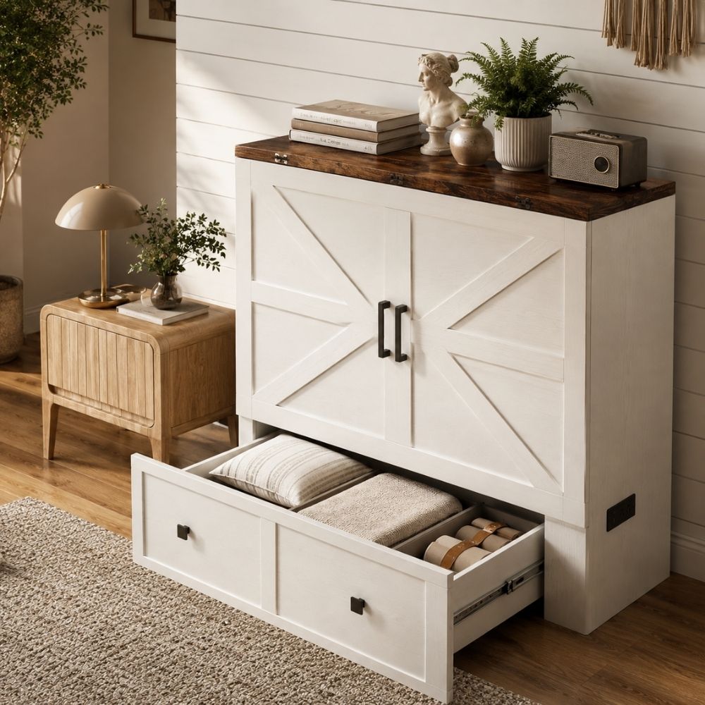 A white storage cabinet with two upper doors and two lower drawers, shown in a styled room. The cabinet has a dark wood top and black hardware.