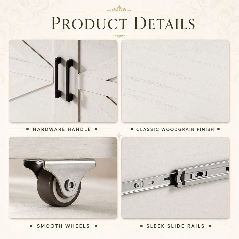 Product details collage showing a white sliding cabinet door with black hardware handle, classic woodgrain finish, smooth caster wheels, and sleek slide rails.
