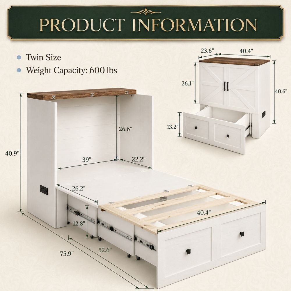 Product information graphic for a twin-size bed frame with storage drawers and a matching headboard/cabinet. The main view shows the bed frame assembled with dimension callouts, and a smaller inset shows the cabinet and drawers with additional measurements.