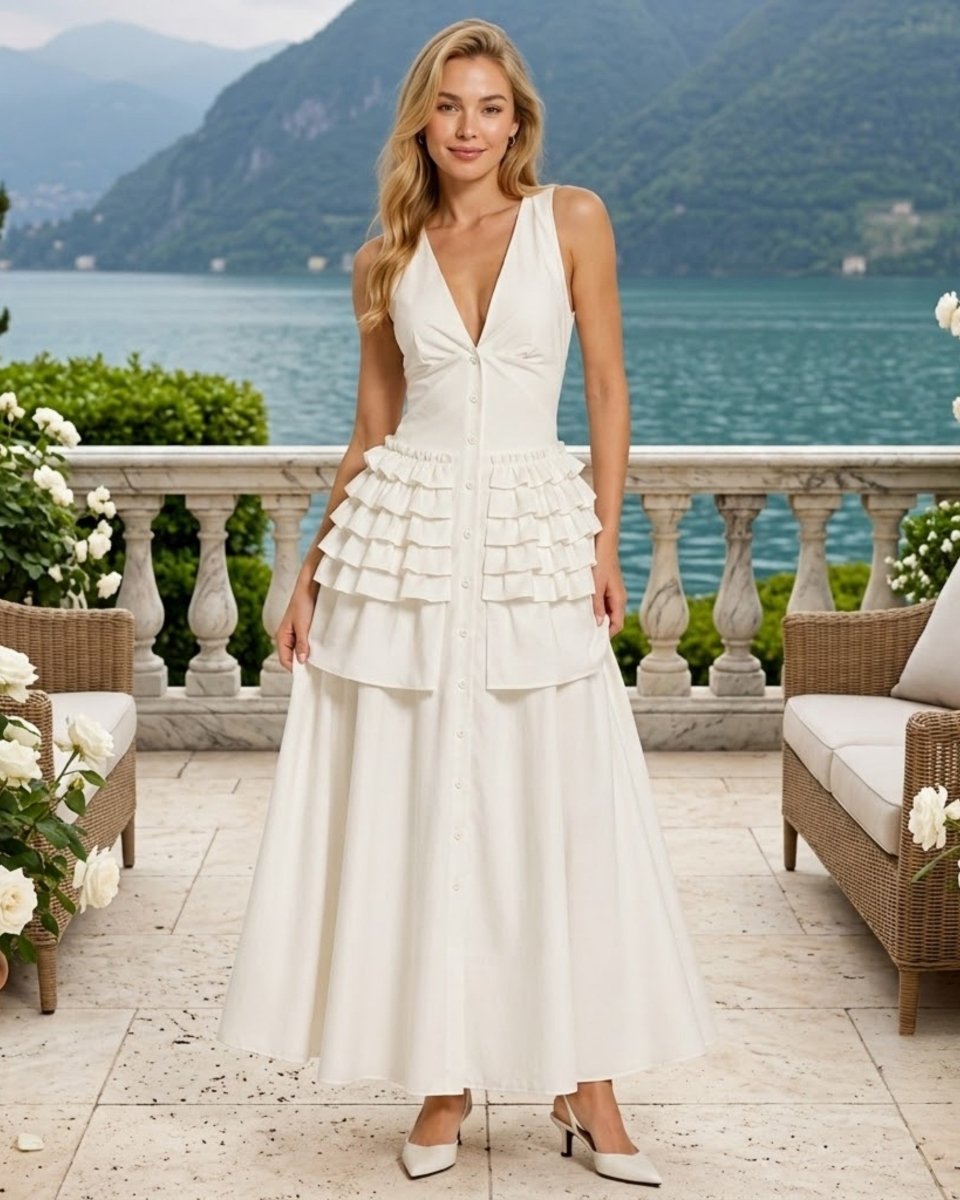 A woman modeling a sleeveless white wedding dress with a deep V-neckline, twisted bodice detail, a tiered ruffle waist, and a full floor-length skirt, standing on a terrace with a scenic lake and mountains in the background.