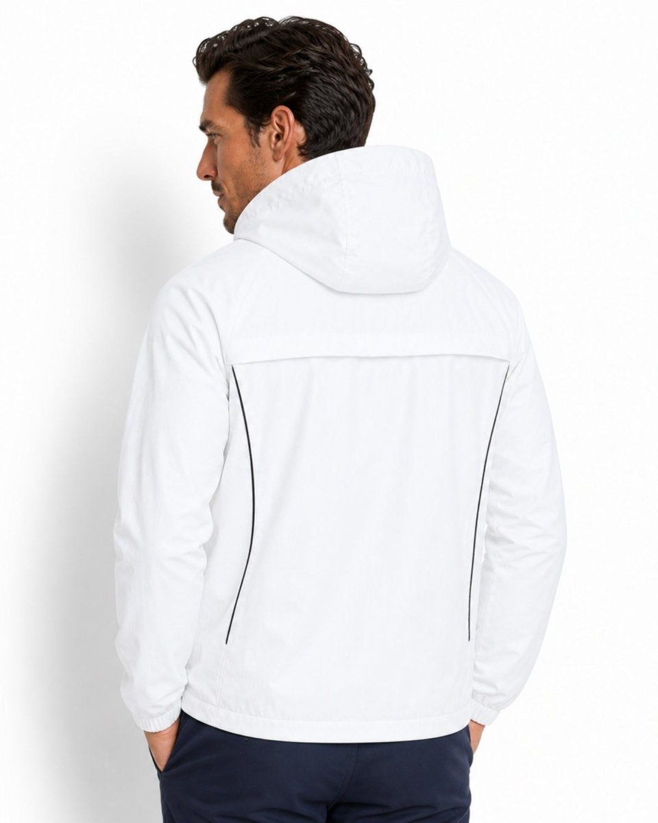 Back view of white lightweight hooded jacket showing contrast detail