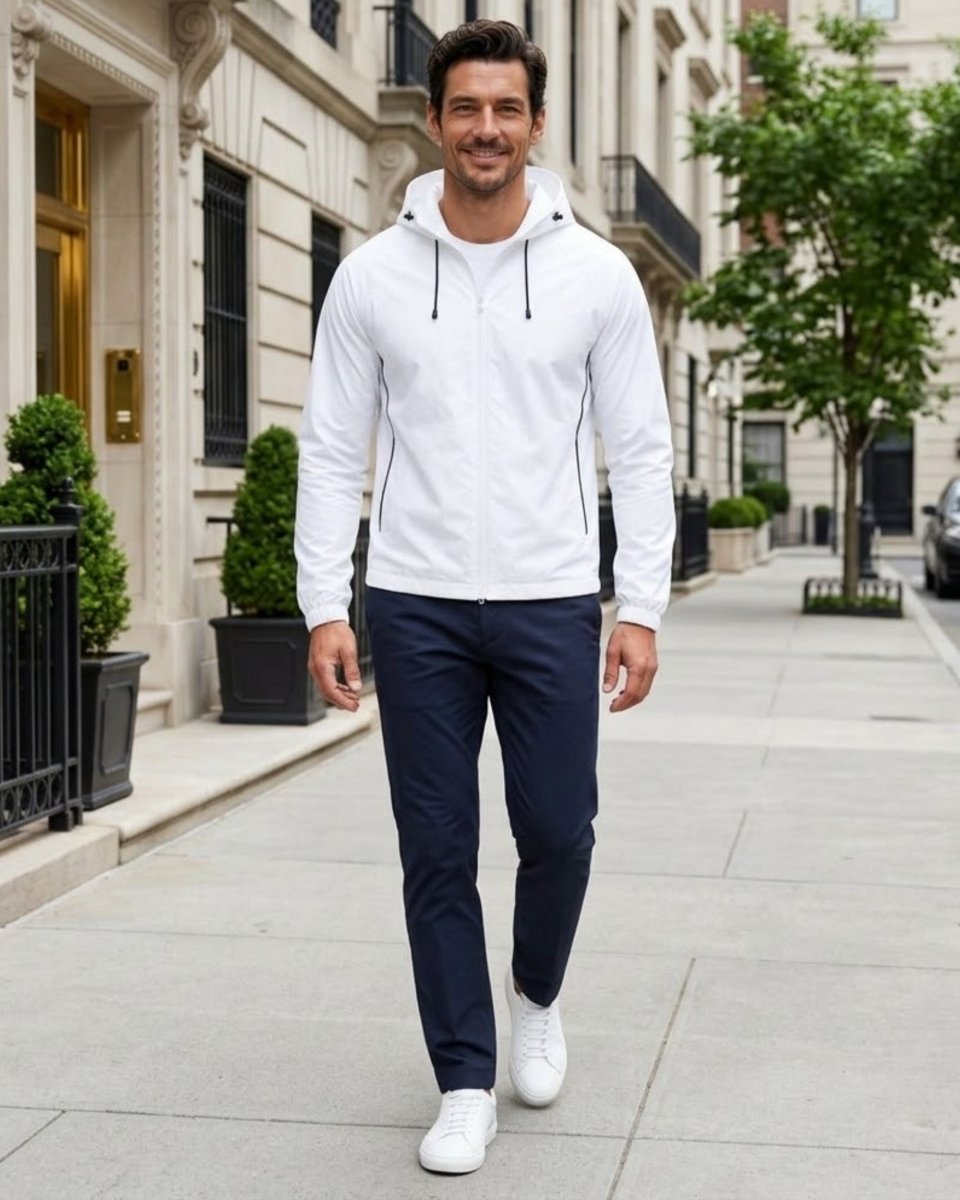 A man walking on a city sidewalk wearing a white pullover hoodie with dark drawstrings, navy blue pants, and white sneakers.