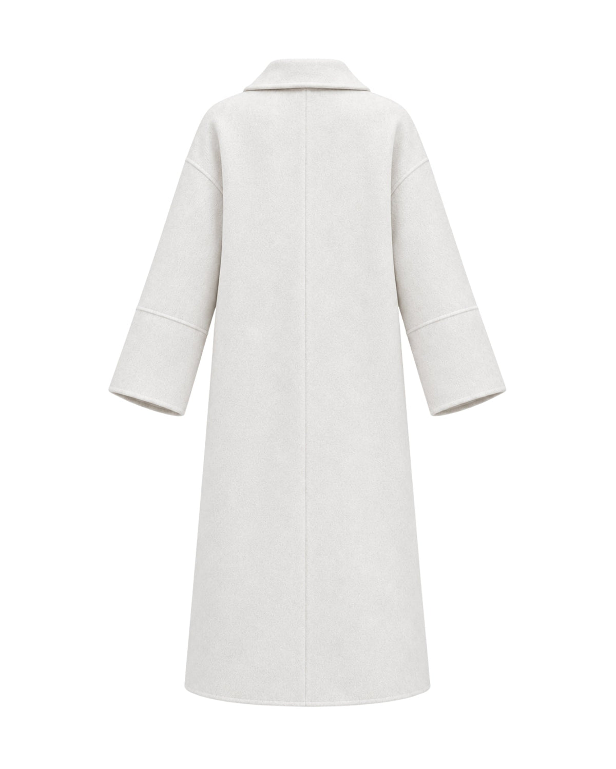 A light off-white or cream-colored long coat shown from the back, featuring a collar and three-quarter sleeves, set against a solid white background.