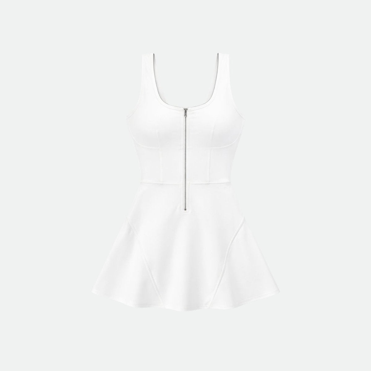 Flat lay product shot of a high-quality white zip-front sleeveless tennis dress with contoured seams