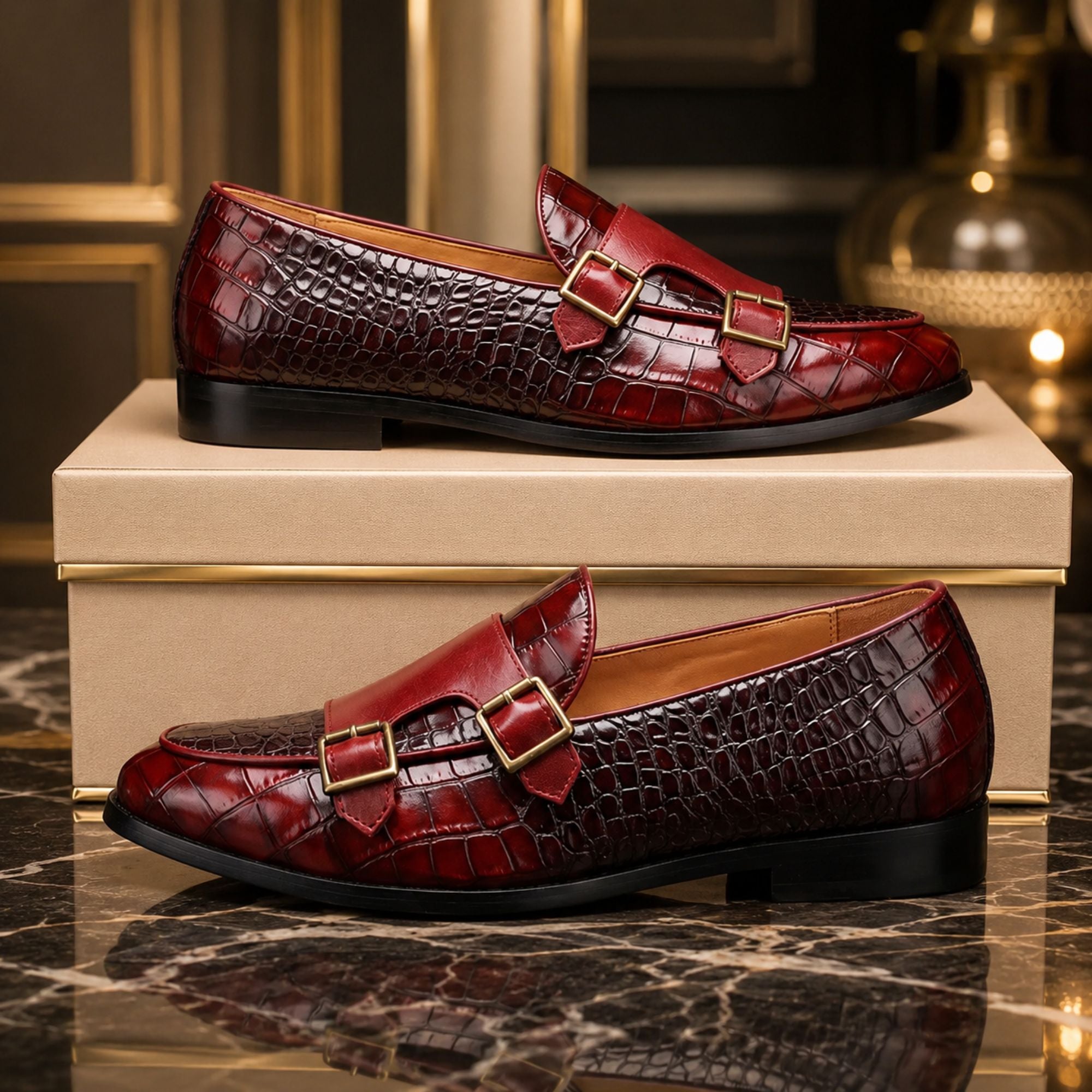 A pair of men's loafers in deep burgundy crocodile-embossed leather with gold buckle details, displayed on a beige shoebox over a polished marble floor.