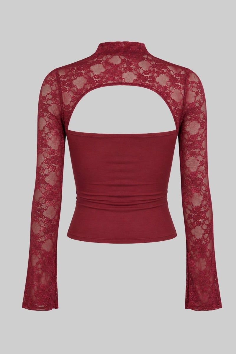Studio product shot back view of Kouvr burgundy sheer floral lace mock neck top with open back detail