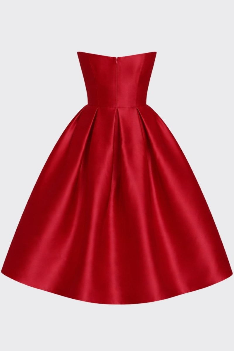 Back view of wine red structured satin strapless midi dress flat lay showing tailored bodice and back zip closure