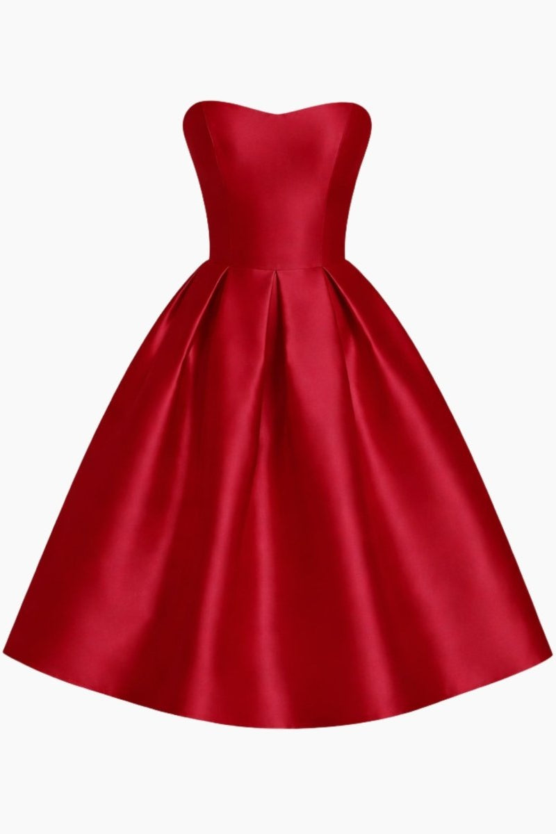 Wine red strapless sweetheart neckline satin pleated fit and flare midi dress flat lay product shot on white background