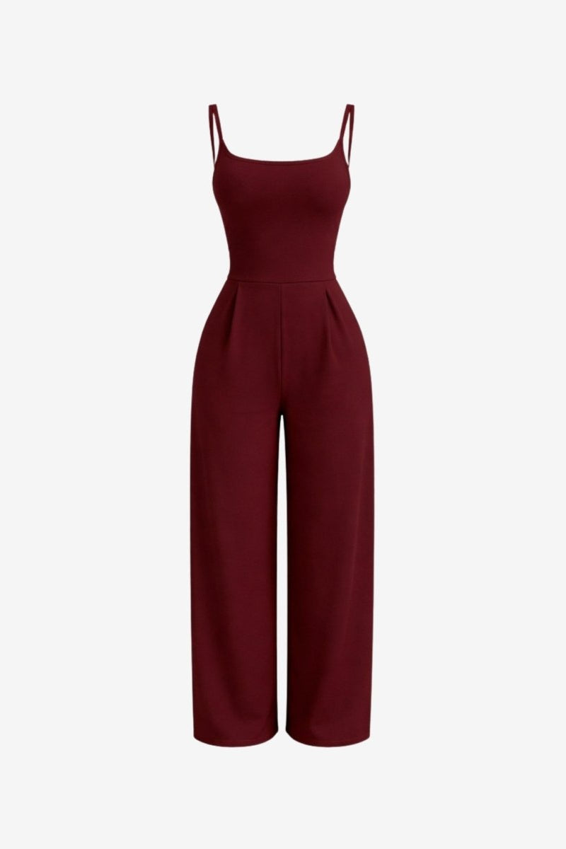 Front view flat lay of Fenlo Form wine red sleeveless wide leg jumpsuit highlighting the pleated waist detail.