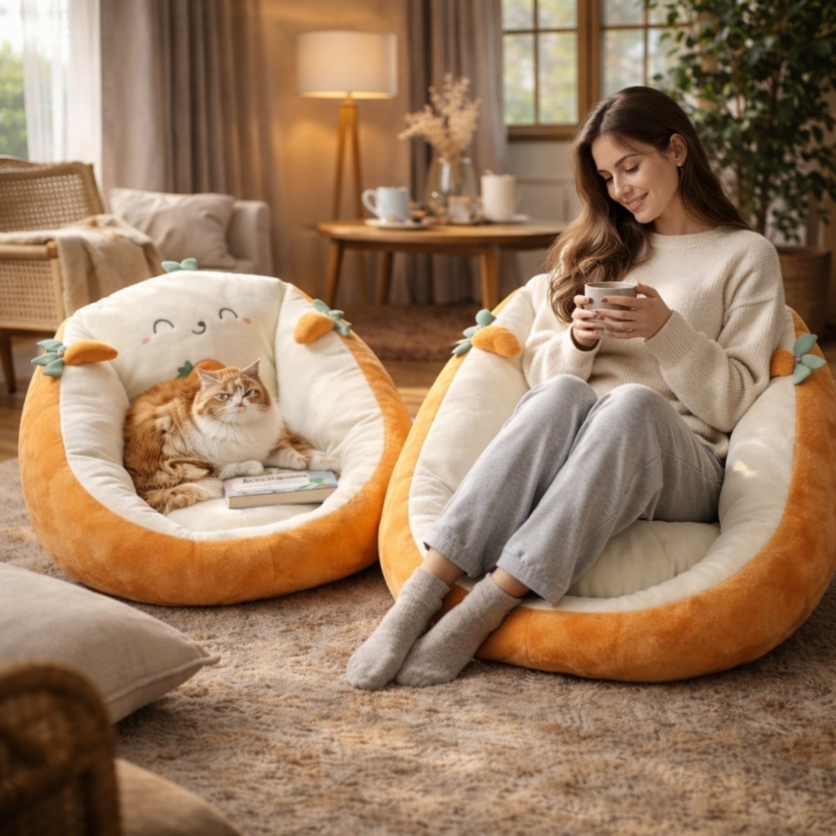 Smiling woman drinking coffee and reading a book in an plush toast floor chair next to an orange fluffy cat lounging in a matching pet bed.