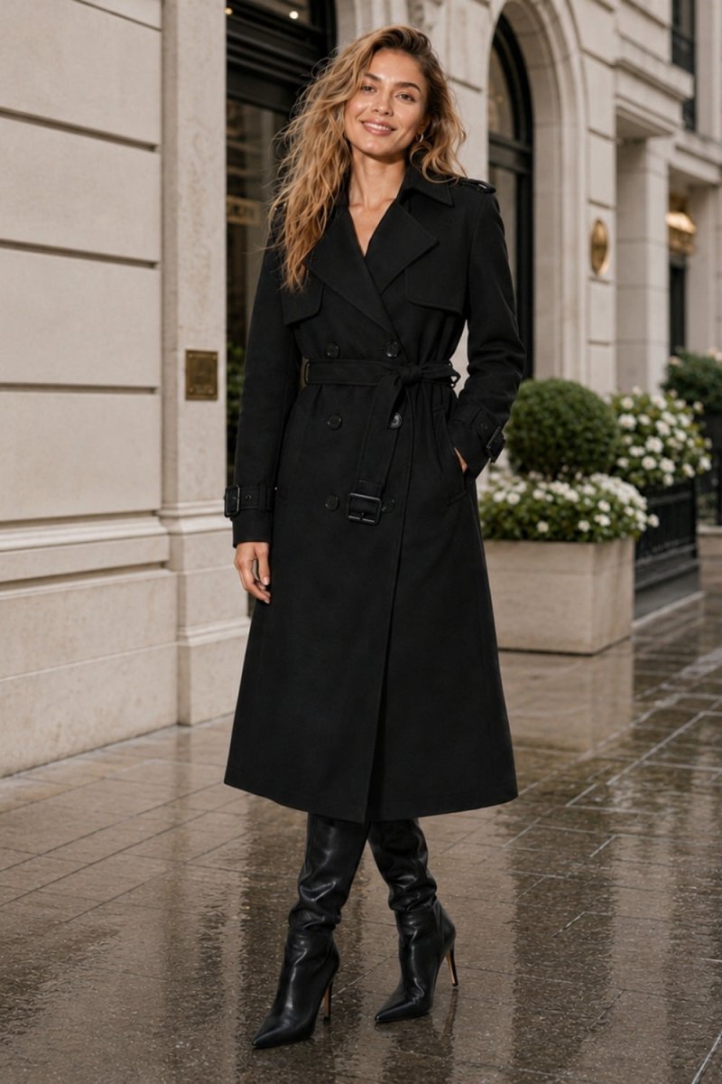 A woman wearing a long black trench coat and black knee-high boots stands on a wet city sidewalk in front of a beige stone building.