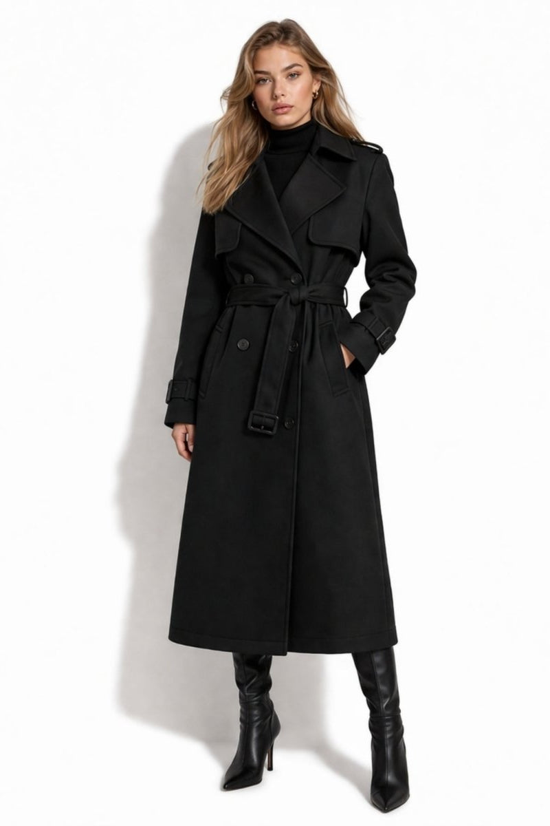 Woman wearing open black maxi trench coat over turtleneck fall winter styling