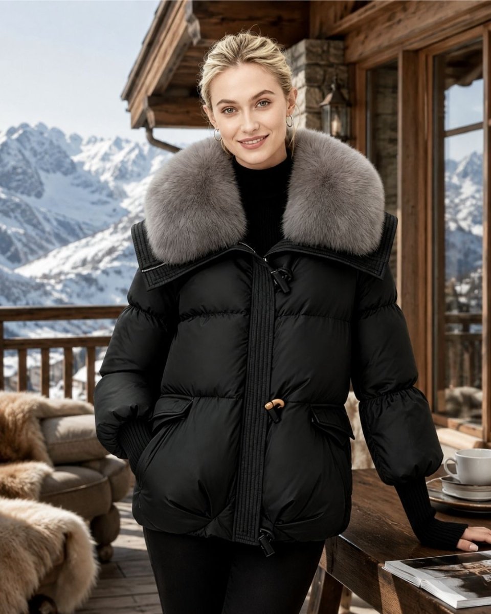 A woman wearing a black puffer jacket with a large gray fur collar stands on a wooden balcony with a snowy mountain backdrop.