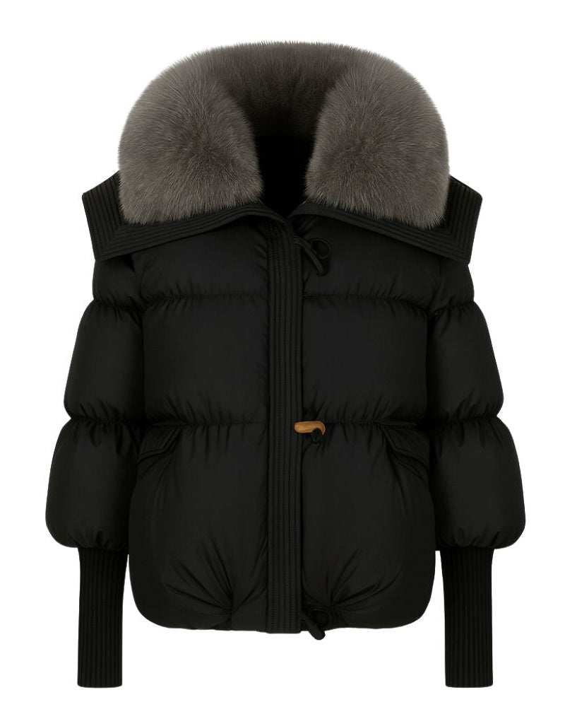 Black fenlo form puffer jacket with fur hood on a white background