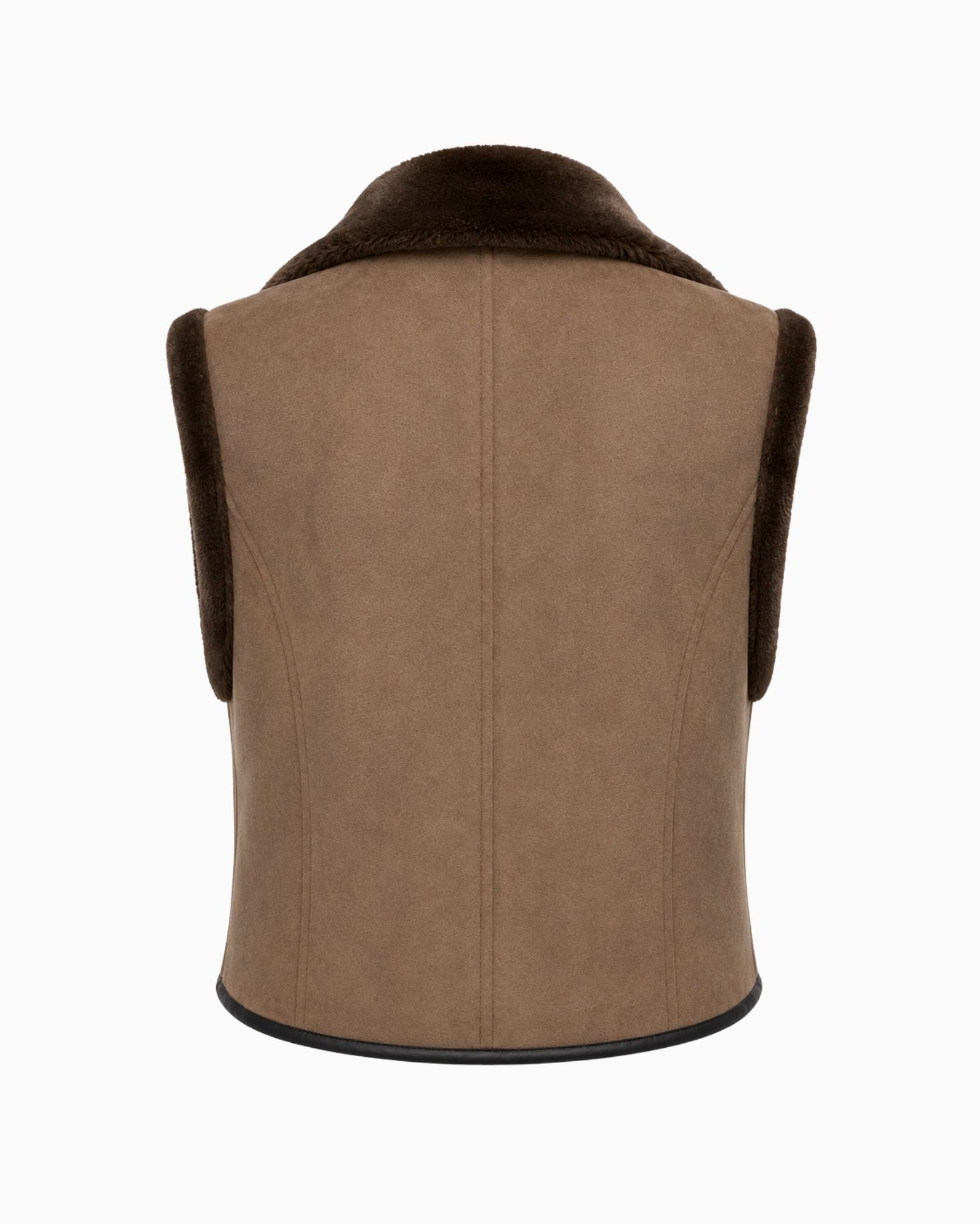 A brown shearling-lined sleeveless vest shown from the back, featuring a smooth suede-like back panel and dark brown fuzzy collar and side panels, set against a plain white background.